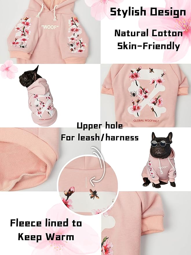 ChoChoCho Woof Dog Hoodie, Designer Dog Hoodies for Small Medium Large Breeds, Art Collection Dog Sweatshirts, Street Drawstring Hoodies Outfit Clothes for Puppy Puppies (5XL, Sakura/Pink)