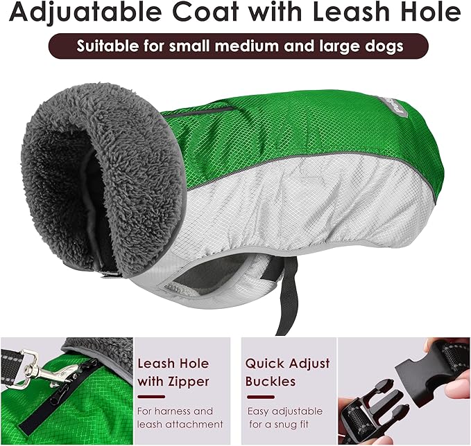 Dog Coat, Waterproof Ripstop Dog Winter Jacket with Leash Hole, Reflective Adjustable Warm Pet Fleece Snow Sweater for Small Medium Large Dogs - Green, M
