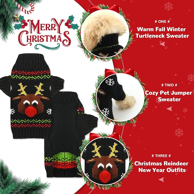 PETCARE Dog Christmas Sweater Black Ugly Funny Cute Cartoon Reindeer Cat Sweaters Jumper Holiday Dog Clothes Puppy Sweaters for Small Medium Large Dogs Fall Winter Outfits Xmas Dogs Costume,XX-Small