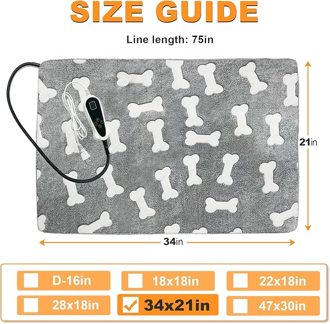 Bestio Large Dog Heating Pad 34×21 in Heated Dog Cat Bed with Upgraded Smart Switch,Added Constant On Function，UL&MET Dual Certification with Washable Cover-Gray