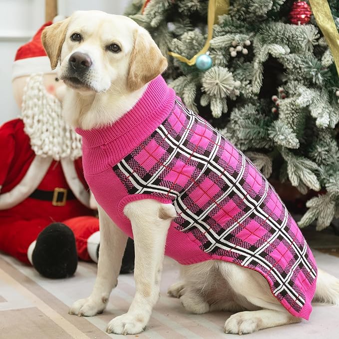 PUPTECK Dog Sweaters for Large Medium Small Dogs - Fall Classic Plaid Style Puppy Holiday Winter Coat Clothes Warm, Fuschia, XS