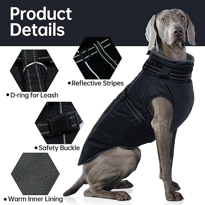 PUMYPOREITY Dog Jackets for Large Dogs, Warm Dog Winter Coat with Harness Built in, Fleece Jacket with Back Zipper, Cold Weather Coats for Outdoor, Waterproof & Windproof Pet Snowsuit, Black, XL