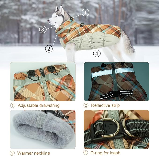 Lelepet Warm Dog Winter Coat Dog Coats for Small Dogs Waterproof Dogs Jacket with Harness Built in Reflective Cold Weather Coats Windproof Zip-Up Winter Fleece Vest Snowsuit Yorkie Brown Plaid S
