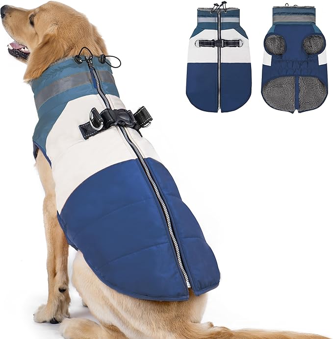 azuza Dog Jacket for Medium Dogs Waterproof Dog Coat with Reflective Strips and Harness Built in Warm Fleece Dogs Winter Coat Windproof with Back Zipper, Navy 2XL