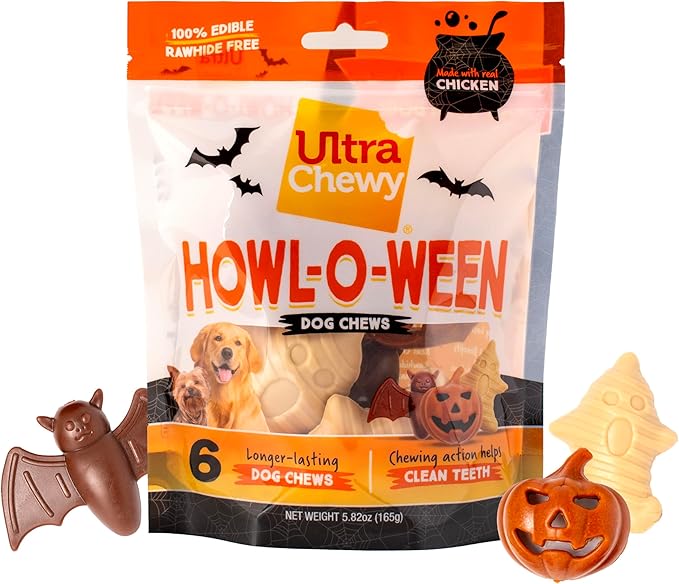 Ultra Chewy Halloween Treats - Trick or Treat Pack - Highly Digestible Fun Shapes Dental Treats for Your Dog - Made with Real Chicken (4 Packs)