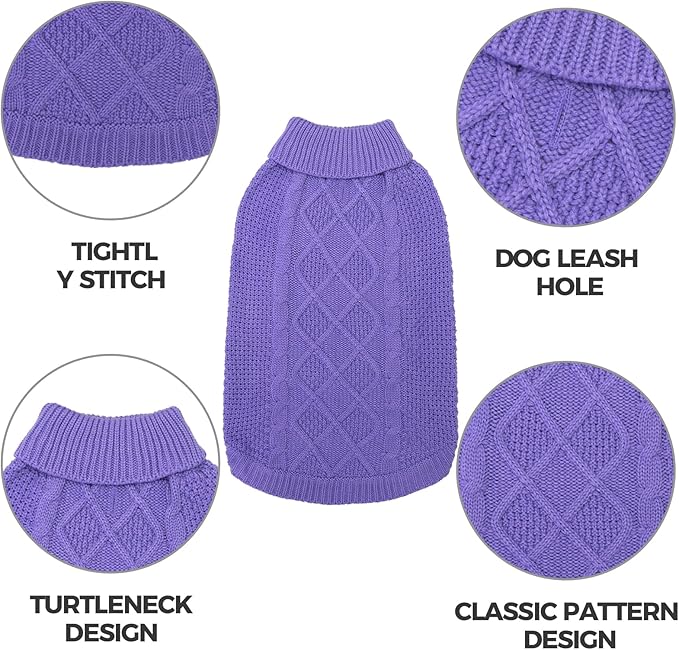 Mihachi Turtleneck Dog Sweater - Winter Coat Apparel Classic Cable Knit Clothes with Leash Hole for Cold Weather, Ideal Gift for Pet in New Year Light Purple SM