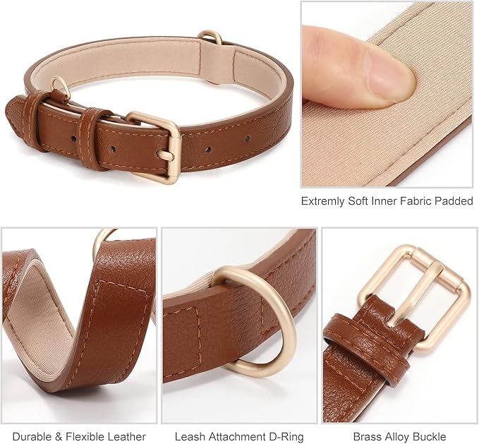 WHIPPY Leather Dog Collar for Small Medium Dog Adjustable Soft Breathable Leather Padded Puppy Collar with Alloy Buckle Heavy Duty Waterproof Classic Dog Pet Collar,Brown,XS