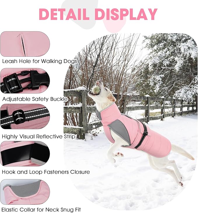 Nanaki Dog Coat Jacket for Large Dogs Winter Waterproof, Warm Fleece Lining Furry Collar Large Dog Jacket with Leash Hole, Reflective Cold Weather Pet Jacket Outdoor Walking Hunting,Easy On Pink 3XL