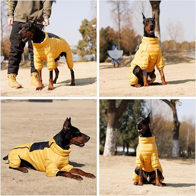 Warm Dog Coat, 4 Legs Covered Waterproof Windproof Reflective Jacket, Zippered Adjustable Outdoor Snow Vest for Small Medium Large Dogs Yellow XXXXL