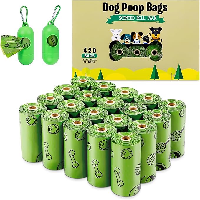 Dog Poop Bags Rolls 420 Counts: TVOOD Extra Thick Poop Bags for Dogs Leak-proof Scented Pet Waste Bags for Doggie Poo - with 2 Dispenser, Green