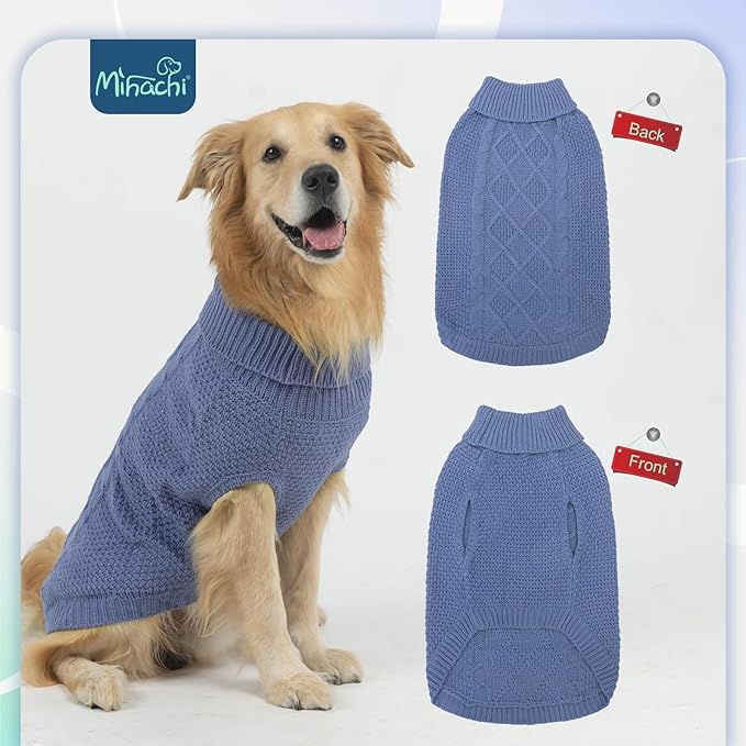 Mihachi Turtleneck Dog Sweater - Winter Coat Apparel Classic Cable Knit Clothes with Leash Hole for Cold Weather, Ideal Gift for Pet in New Year Grayish Blue XL