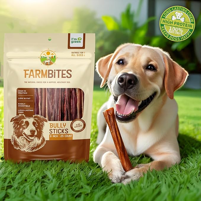 Bully Sticks for Dogs – 100% Natural, Odor-Free, Air-Dried Beef Pizzle, Grain-Free & Fully Digestible Dog Chews – Long Lasting Treats for All Breeds (6 Inch, 25 Pack)
