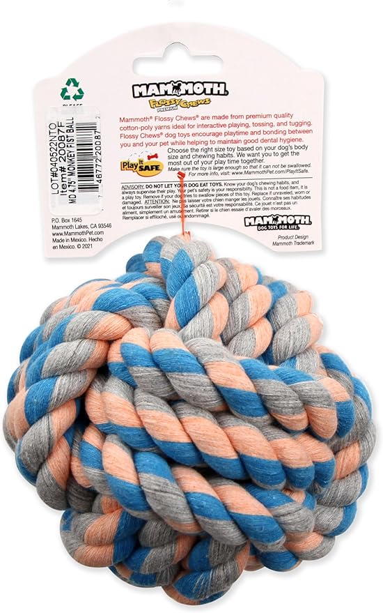 Mammoth Flossy Chews Monkey Fist Ball Premium Cotton-Poly Rope Dog Chew Toy & Fetch Toy for Small to Medium Dogs - Large 4.75' - Assorted Colors