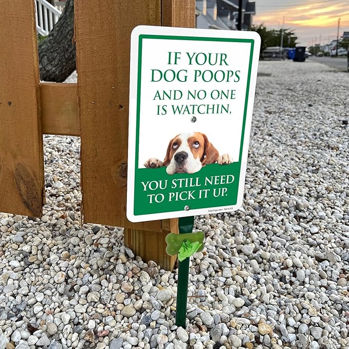 SmartSign If Your Dog Poops You Still Need To Pick Up Yard Sign & Clip-On Dispenser Combo/Kit, 7"x10" Aluminum Sign with 18-inch Steel Stake, Compact Dispenser Preloaded with a 15 Poop Bags Roll