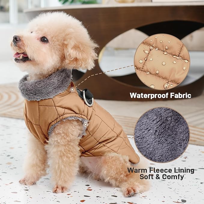 Warm Fleece Dog Coats with Durable Harness Buitl in D-Ring,Waterproof Doggie Jacket for Large Dogs,Dog Vest for Cold Winter,Burnished Khaki XXL