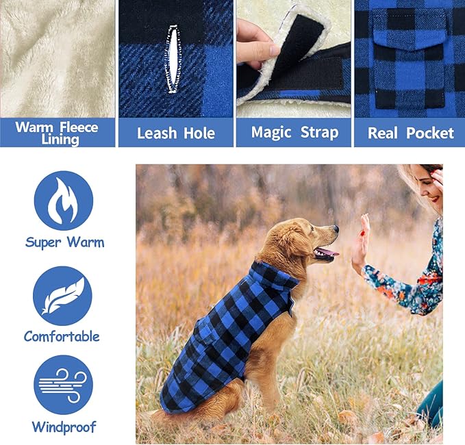Malier Dog Winter Coat, Classic Plaid Fleece Dog Cold Weather Coats Dog Jacket with Pocket, Windprood Warm Dog Coat Vest Winter Pet Clothes Apparel for Small Medium Large Dogs (Blue, Medium)