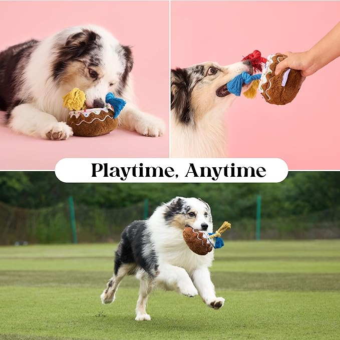 LE SURE Dog Birthday Cake Toy - Cute Squeaky Dog Birthday Toy for Gentle Chewers with Interactive Tug Rope, Plush Interactive Toy for Adult Dogs Birthdays Party, Standard, Milk Chocolate
