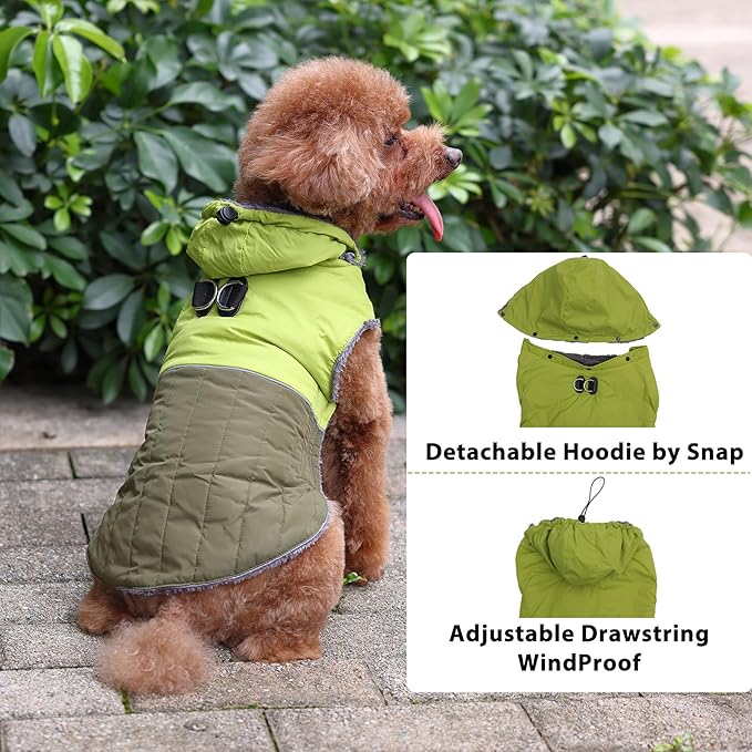 Detachable Hooded Dog Coat with Harness for Small Dogs,Super Warm Fleece Puppy Jacket for Cold Winter Doggie Coats,Green XS