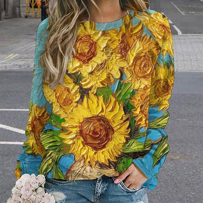 Long Sleeve Shirts for Women Cat Oil Painting Shirt 3D Graphic Sweatshirts Fall Pullover Crewneck Vintage Boho Tops