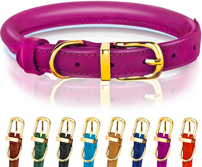 OOPSDOGGY Reflective Rolled Leather Dog Collar Adjustable Soft Padded Pet Collar for Small Medium Large Breed Dogs (Pink, XXL, 20"-24")