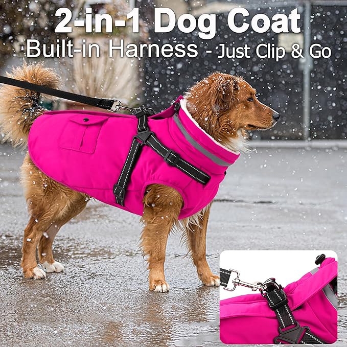 Dogcheer Dog Coat with Harness, Waterproof Warm Dog Winter Jacket with Pockets, Reflective Pet Fleece Jacket Turtleneck Snowsuit for Small Medium Large Dogs - Pink, S
