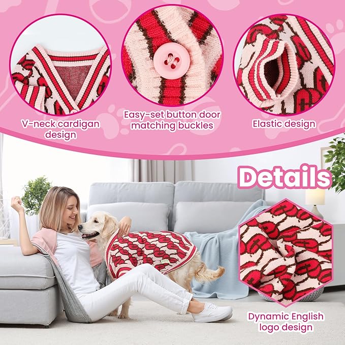 Pet Sweaters for Dogs Boys and Girls, Dynamic Letter Patterned Dog Sweater,Dog Cardigan,Pet Clothes,Pet Knitted Clothing,Fit for Different Seasons and Kinds of Dogs (Pink L)