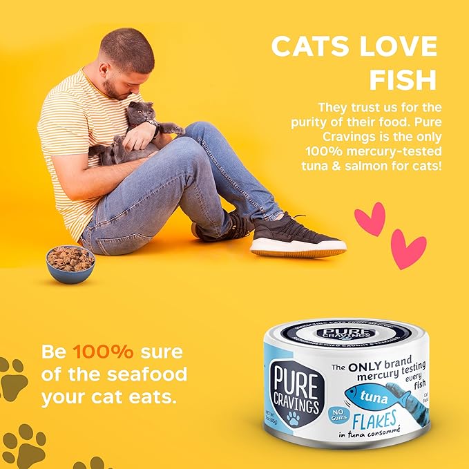 Pure Cravings Tuna Flakes in Tuna Consommé, Canned Wet Cat Food Soup, 100% Mercury-Tested, Moist Can Fish, Grain-Free Protein, Non-GMO, 3oz, Pack of 12