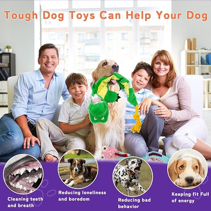 Crinkle Dog Toys Squeaky Plush No Stuffing Cute Puppy Stuffless Tough Rop Pull Toy, Fun Dog Stuffed Animals Durable Chew Set for Small Medium Large Pup (Large, Snake+Alligators)