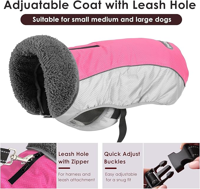 Dog Coat, Waterproof Ripstop Dog Winter Jacket with Leash Hole, Reflective Adjustable Warm Pet Fleece Snow Sweater for Small Medium Large Dogs - Pink, 3XL
