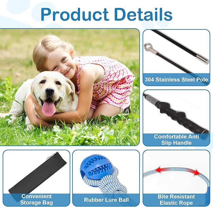 Flirt Pole for Dogs Interactive Dog Pole Toy for Large Medium Small Dogs, Dog Teaser Pole for Tug of War, Flirt Pole with Lure Ball (Standard&Extended Pole+Elastic Rope)