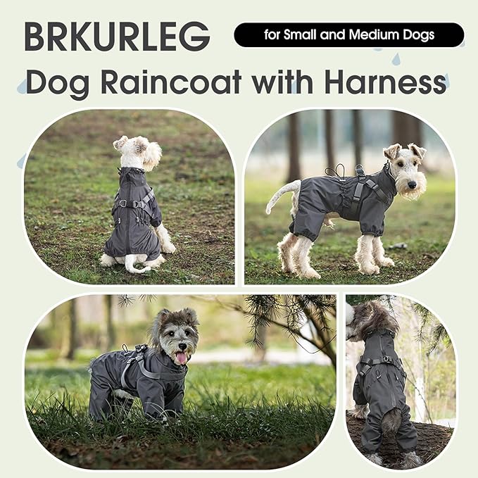 BRKURLEG Dog Raincoat with Harness for Small Dogs, Adjustable Waterproof Dog Rain Jacket, Reflective Rainproof Puppy 4 Legs Raincoat, Full Body Pet Rain Jacket, Dark Grey, M