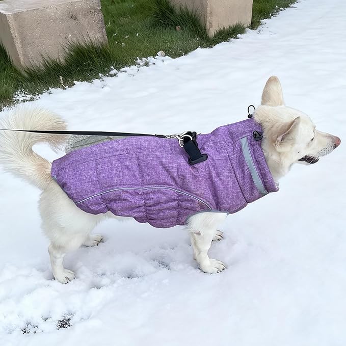 Malier Dog Coat, Reflective Dog Jacket Waterproof Windproof Puppy Cold Weather Coats with Harness Built in, Winter Extra Warm Pet Coat Fleece Vest for Small Large Pets and Puppy (Purple, Small)