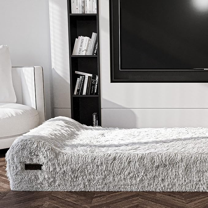 KOPEKS Orthopedic Memory Foam Dog Bed 7" Inch Thick Extra Large Dog Bed with Pillow Fluffy Grey 50"x34"x10" Includes Waterproof Liner & Durable Removable Cover with Smart Design