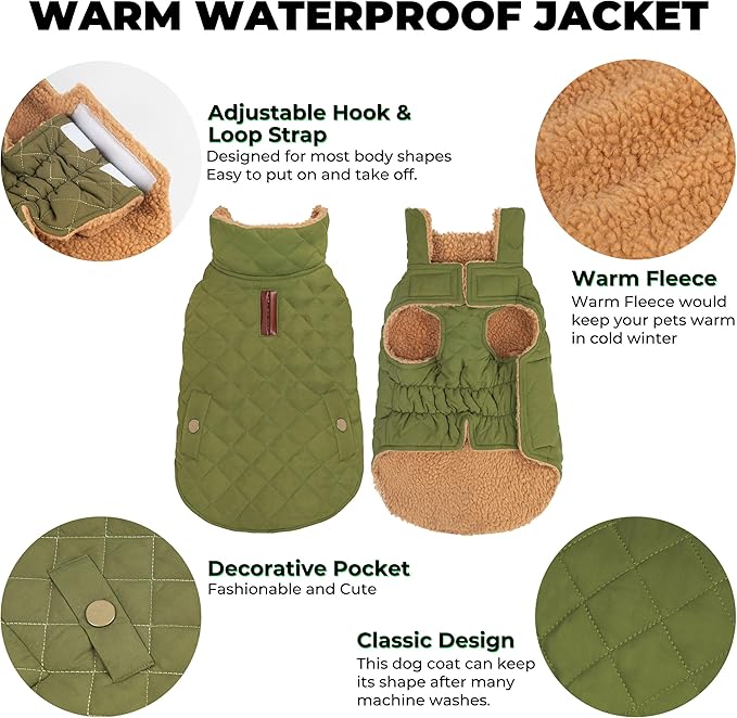Dog Coat, Warm Windproof Dog Coats for Large Dogs Boy, Waterproof Pet Winter Jacket, Cold Weather Clothes Dogs Snowsuit with Leash Hole, Green XXX-Large