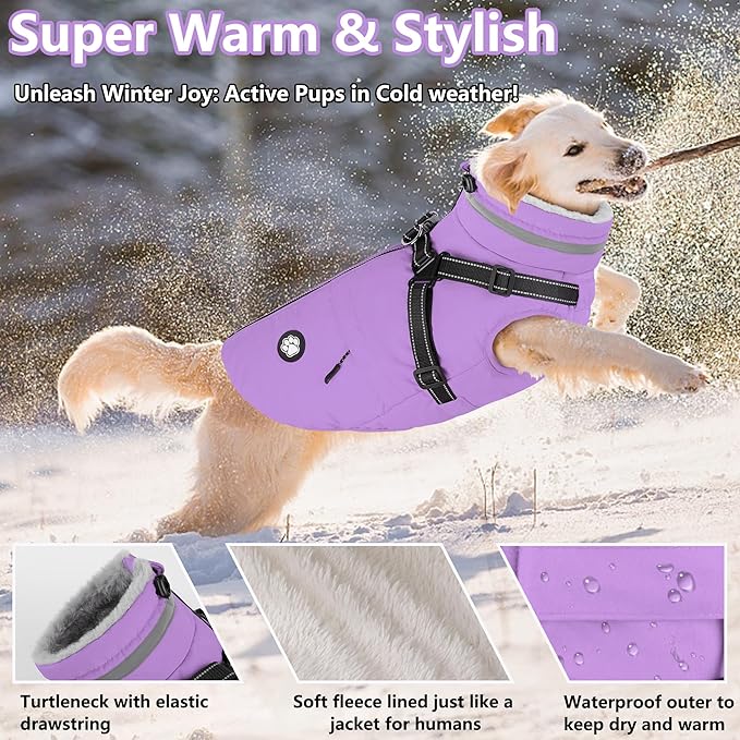 Dogcheer Dog Coat with Harness, Waterproof Dog Jacket, Reflective Puppy Winter Jacket with Pocket, Doggy Turtleneck Fleece Vest for Small Medium Large Dogs - Taro Purple, 3XL