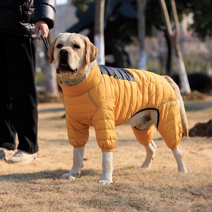 Lovelonglong Dog Coat Dog Warm Jacket, 4 Legs Covered Waterproof Windproof Reflective Warm Dog Vest, Zippered Adjustable Outdoor Dog Snow Jacket for Small Medium Large Dogs Yellow S