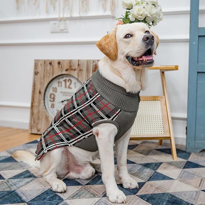 PUPTECK Dog Sweaters for Large Medium Small Dogs - Fall Classic Plaid Style Puppy Holiday Winter Coat Clothes Warm, Grey, L