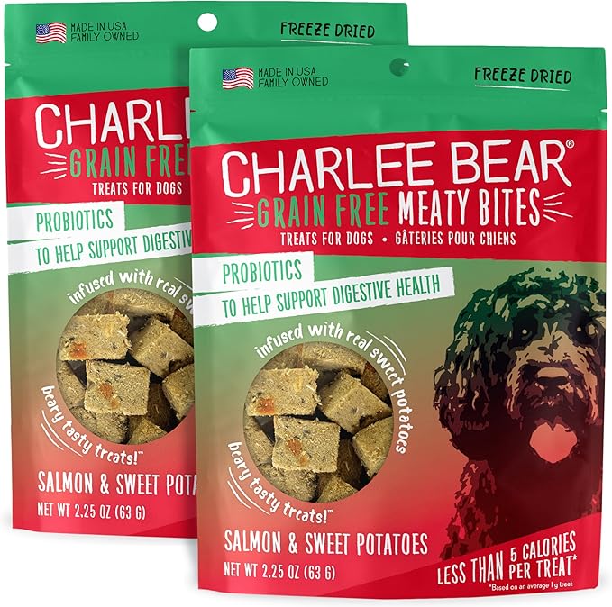 Charlee Bear Grain Free Meaty Bites Freeze Dried Dog Treats with Probiotics, Puppy Training Snacks, Soft Dog Bites Salmon with Sweet Potatoes, 2.25 oz Bags (2), Made USA