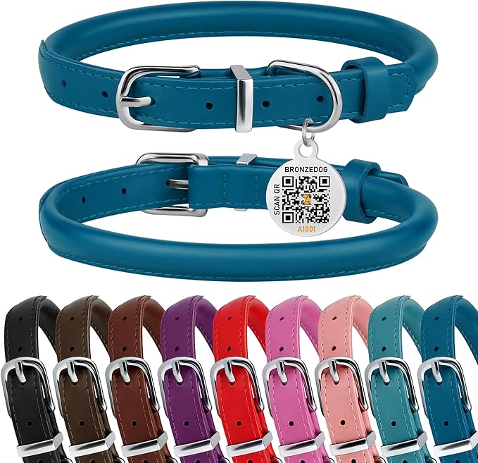 BRONZEDOG Rolled Leather Dog Collar for Small Medium Large Dogs with QR ID Tag (XS: 9-11 Inch, Ocean Blue)