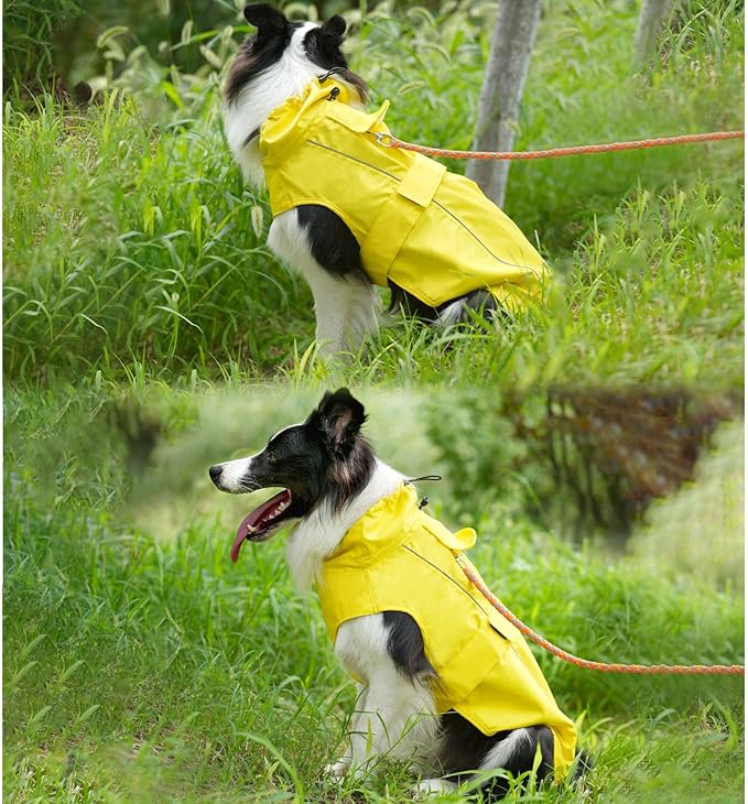 Waterproof Dog Raincoat, Adjustable Lightweight Dog Rain Jacket with Reflective Strip Leash Hole for Small Medium Large Dogs (Yellow, Large(22-37lb))
