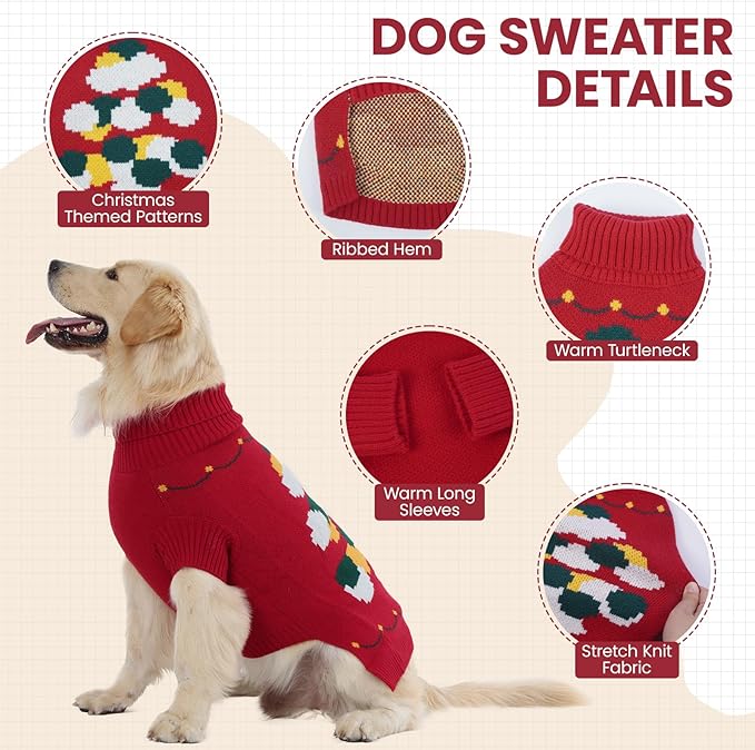 BRKURLEG Christmas Dog Sweaters for Cold Weather, Soft Warm Turtleneck Sweaters for Medium Large Dogs, Xmas New Year Pet Knitted Sweatshirt Outfit for Boston Terrier, Beagle (Red, L)