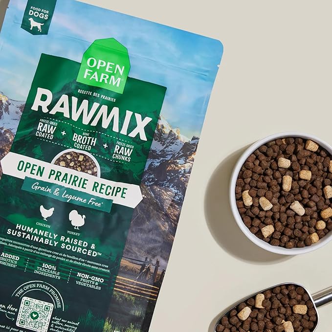 Open Farm, RawMix Grain-Free Dry Dog Food, Protein-Packed Kibble Coated in Bone Broth with Freeze Dried Raw Chunks, Chicken & Turkey, Open Prairie Recipe, 20lb Bag