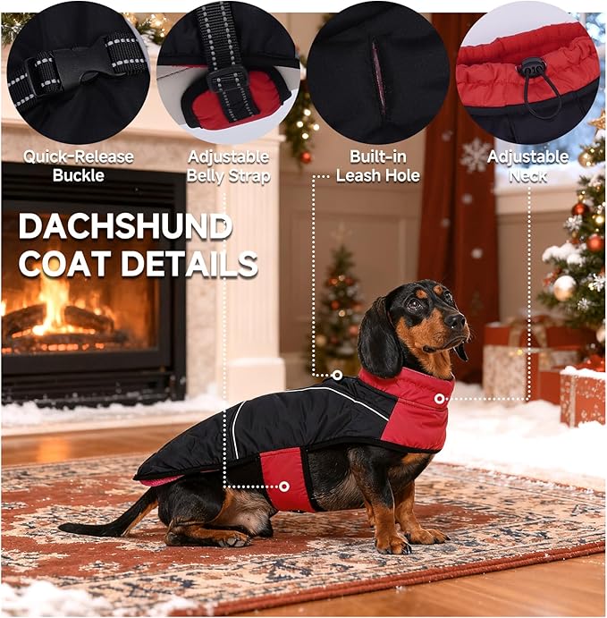 DORA BRIDAL Dachshund Coat, Fleece Lined Dog Winter Coat, Warm Dog Coats with Reflective Strips, Adjustable Waterproof Pet Jacket Clothes, M