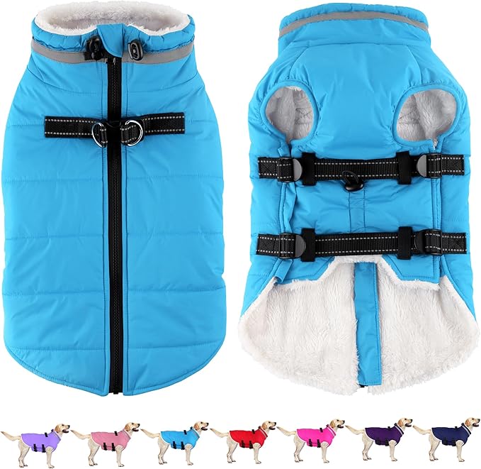 Dogcheer Dog Coat with Harness, Waterproof Dog Jacket Adjustable Pet Winter Coat with Zipper, Christmas Puppy Snow Jacket Fleece Sweater for Small Medium Large Dogs - Sky Blue XS
