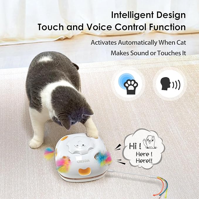 ORSDA Cat Toys for Indoor Cats, 4 in 1 Automatic Interactive Kitten Toy, Rechargeable Electric Whack-A-Mole Moving Ambush Feather, Hide and Seek, Chase Feather for Kitty for Kicker Adult Cat