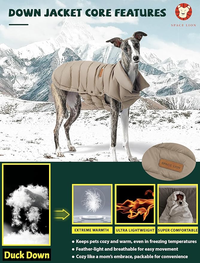 SPACE LION Dog Puffer Jacket, Down Winter Coat, Durable Outdoor Coat for Cold and Windy Conditions, Waterproof, Lightweight Jacket, Adjustable Fit for Small, Medium, Large Dogs(Camel,28/4XL)