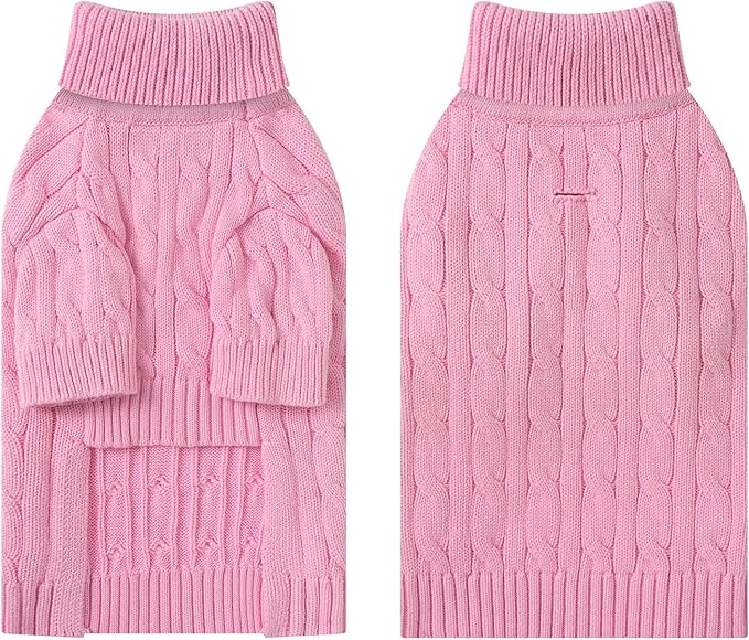 Small Dog Thermal Pullover Sweater, Classic Turtleneck Cable Knitwear Dog Clothes for Cold Weather Warm Pet Clothes for Chihuahua, Bulldog, Dachshund, Pug Pink Small