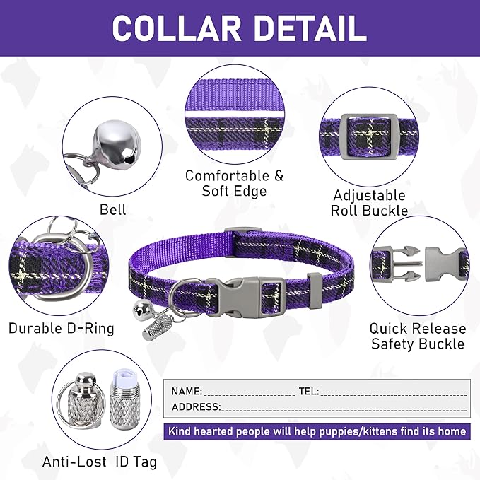 GAMUDA Small Dog Harness Collar and Leash Set, Step in No Chock No Pull Soft Mesh Adjustable Dog Vest Harnesses Plaid Reflective for Dogs Puppy Cats Kitten Rabbit (Purple, M)