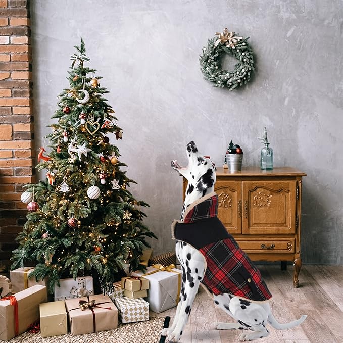Winter Coat for Small and Medium Dogs, Puppy Plaid Jacket, Cotton Coat for Cold Weather, Windproof Warm Dog Garments, Pet Thickened Outfits Indoor Outdoor, Red S