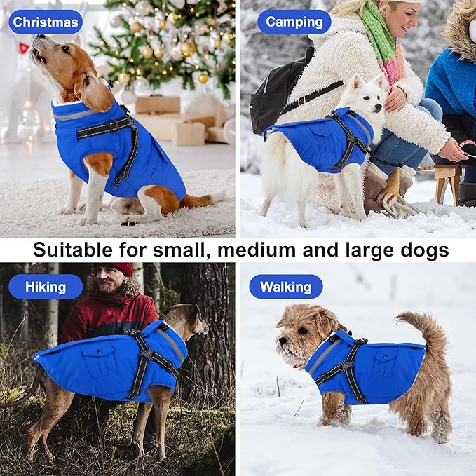 Dogcheer Dog Coat with Harness, Waterproof Warm Dog Winter Jacket with Pockets, Reflective Pet Fleece Jacket Turtleneck Snowsuit for Small Medium Large Dogs - Blue, M